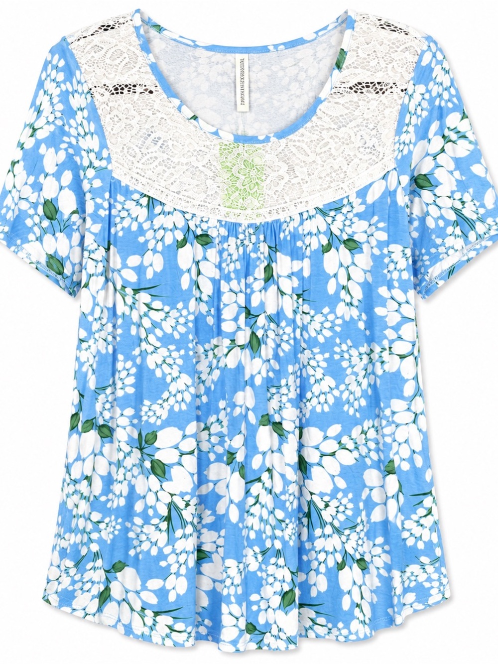 Taohuadao XL Shirt Top Blue Floral Short Sleeve Scoop‎ Neck Stretch Lace Trim
